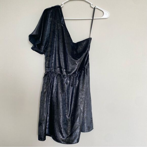 Seven For All Mankind One Shoulder Metallic Velour Fit & Flare Dress Size Medium - Picture 3 of 10